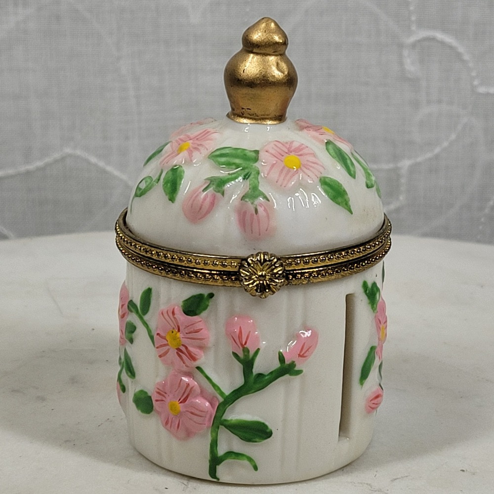 Vintage Porcelain Floral Trinket Box Bank Pink Gold Hinged Finial Slot Cottage